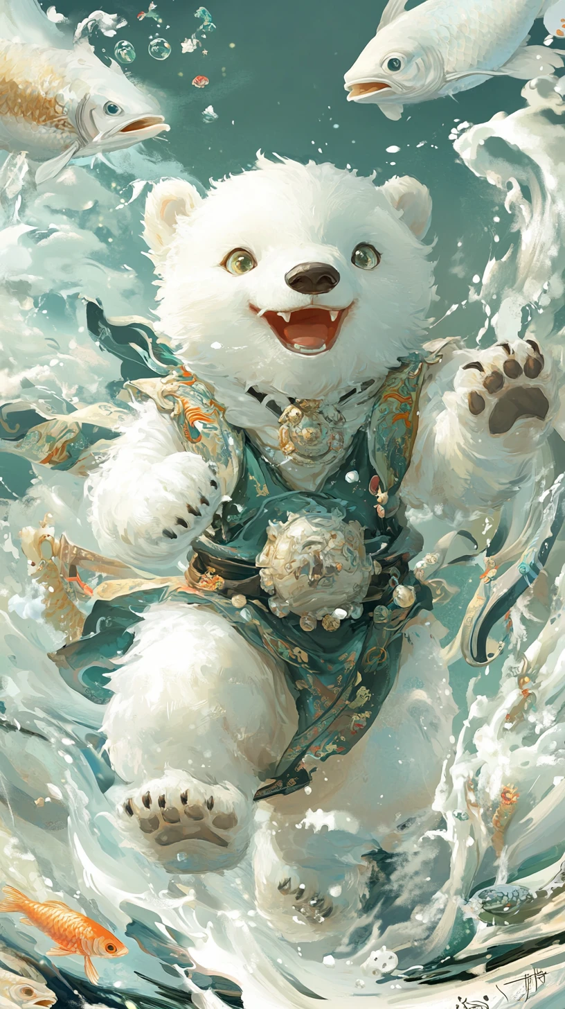 Fofo filhote de urso‑polar em hanfu com runas mágicas de peixe
