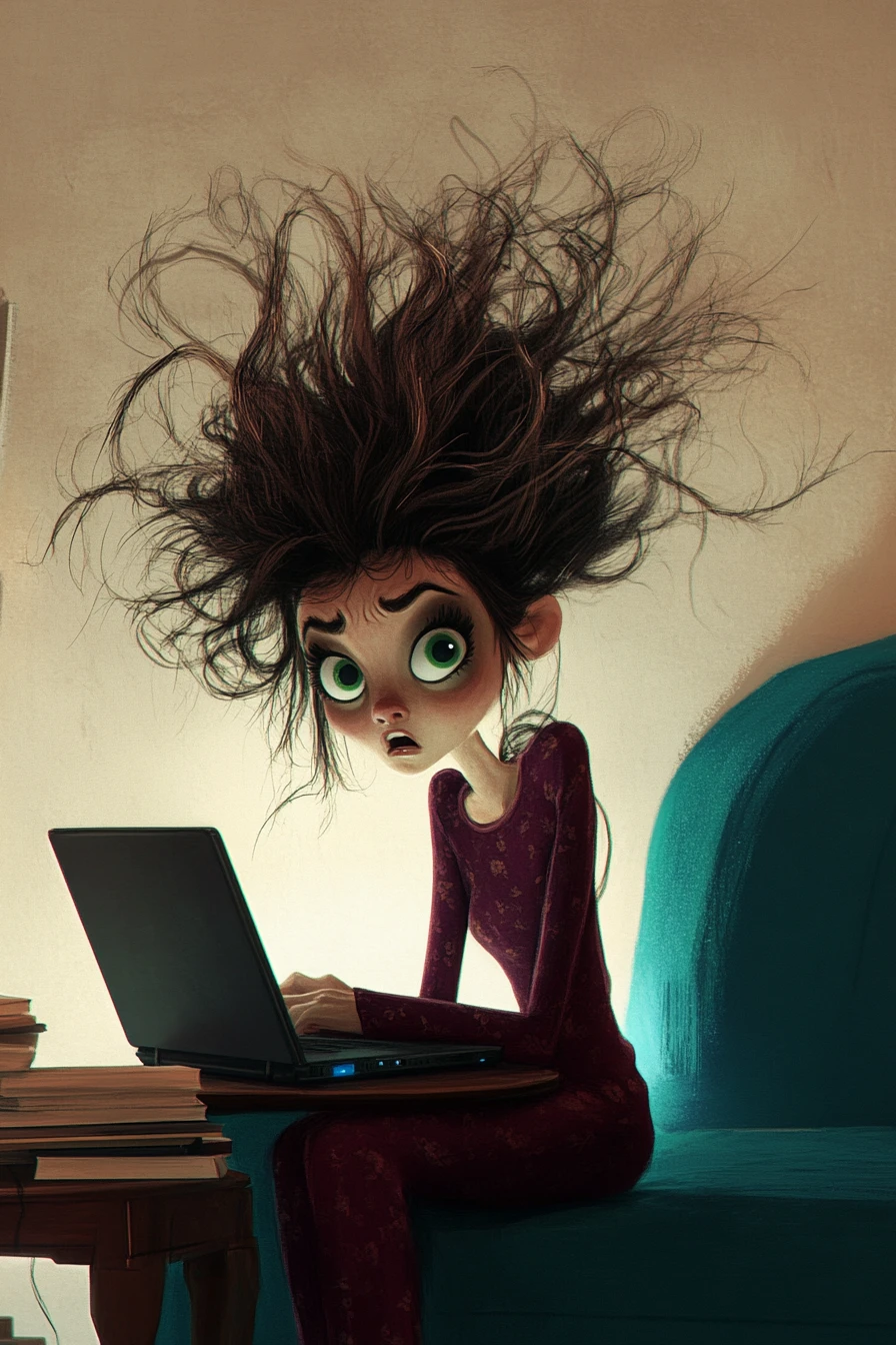 Mulher de cabelo caótico pensativa diante do laptop no sofá