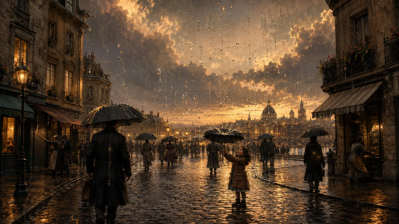 Old city street in gentle rain with rising droplets