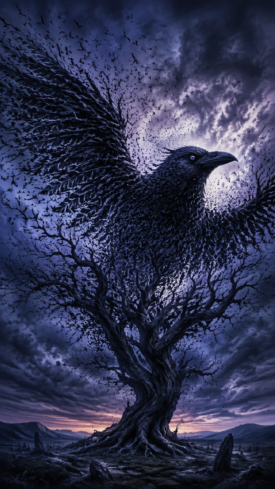 Ancient Tree Silhouette Shaped As A Raven At Twilight