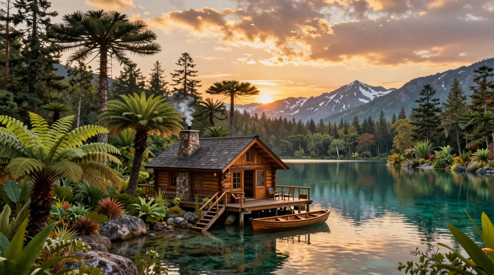 太古の森にたたずむ夕暮れの居心地の良い湖畔の木の小屋