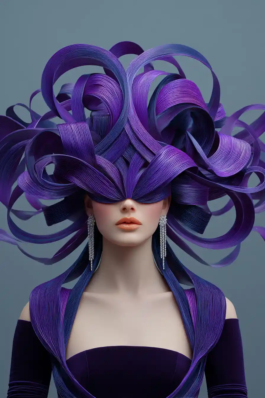 Surreal violet haired woman holding a white cat