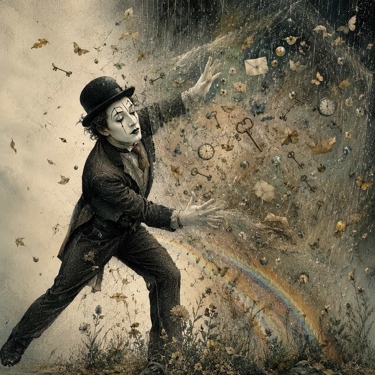 Surrealer Pantomime, der versucht, einen unsichtbaren Würfel zu halten