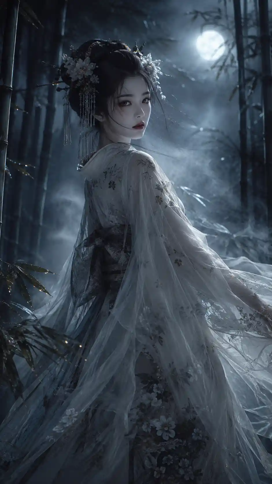 Ethereal geisha drifting through a misty moonlit bamboo grove