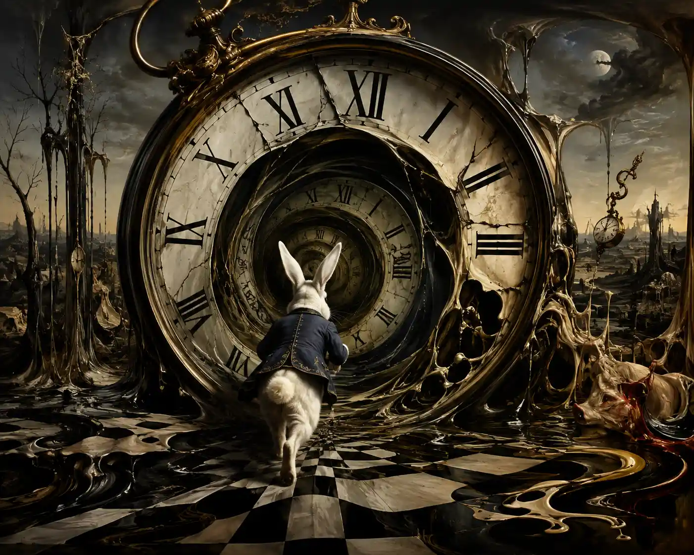 White rabbit running into a twisting clock portal