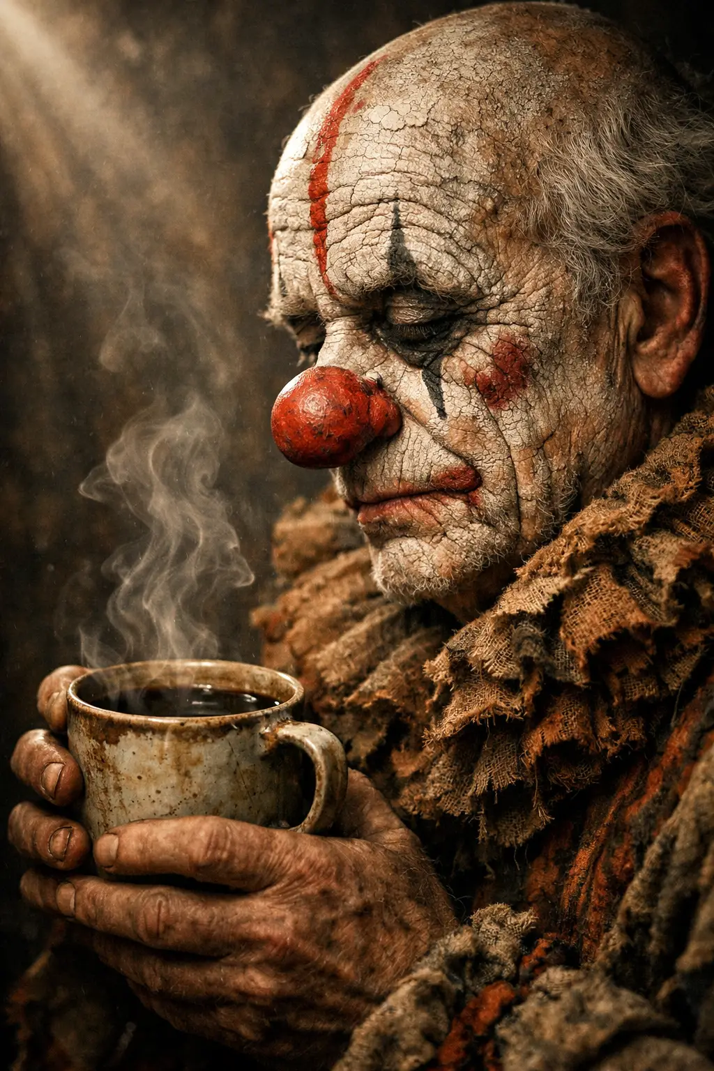 Weathered clown in profile holding a steaming coffee mug