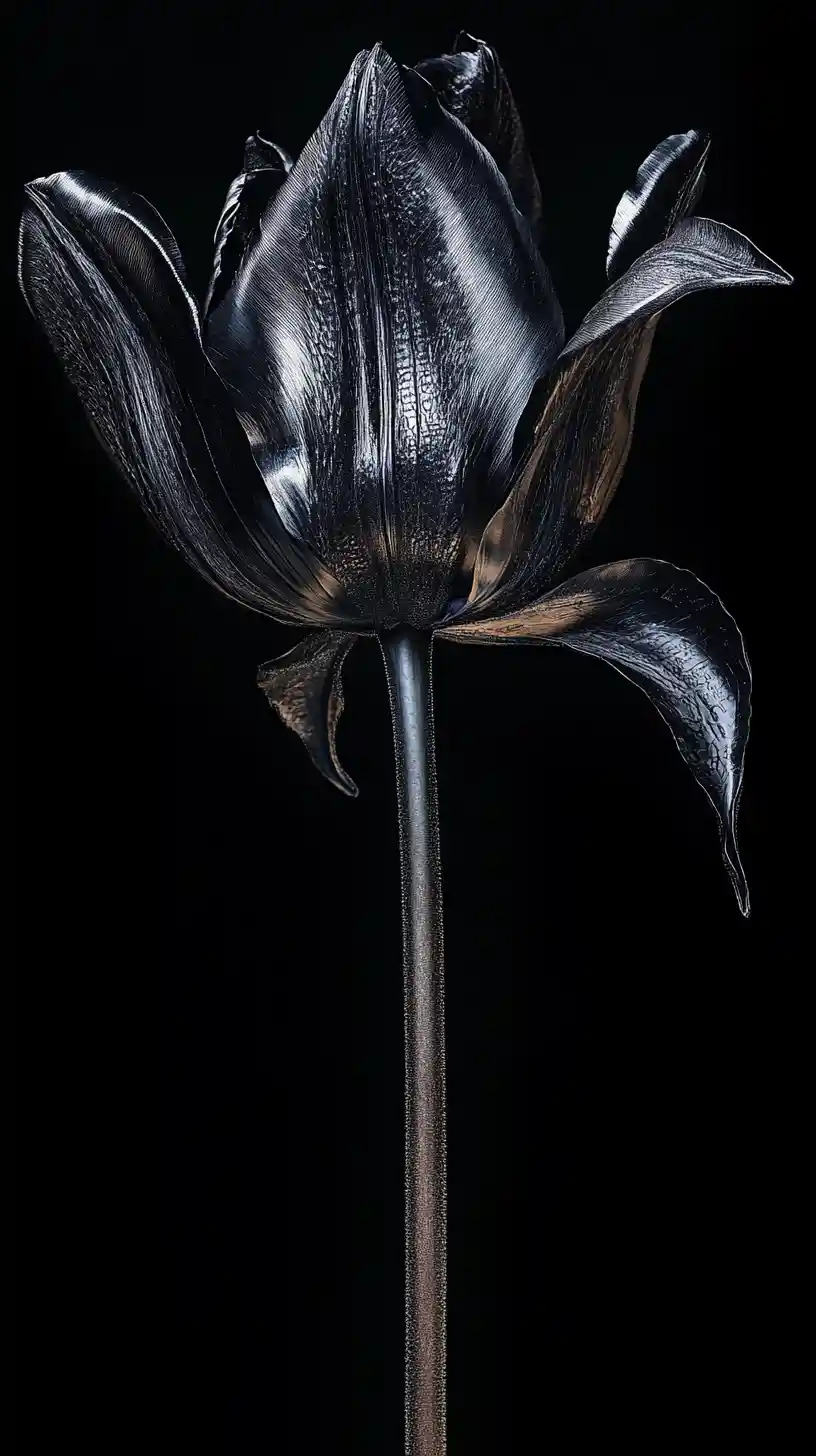 Black tulip emerging from darkness with dissolving petals