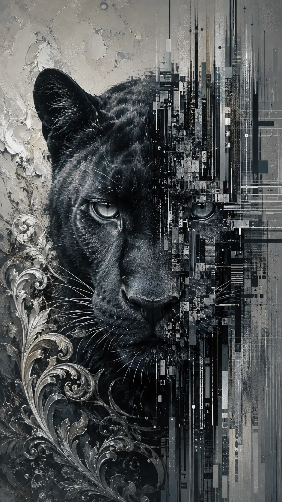 Digitales Porträt eines schwarzen Panthers, der in Glitch-Muster zerfällt