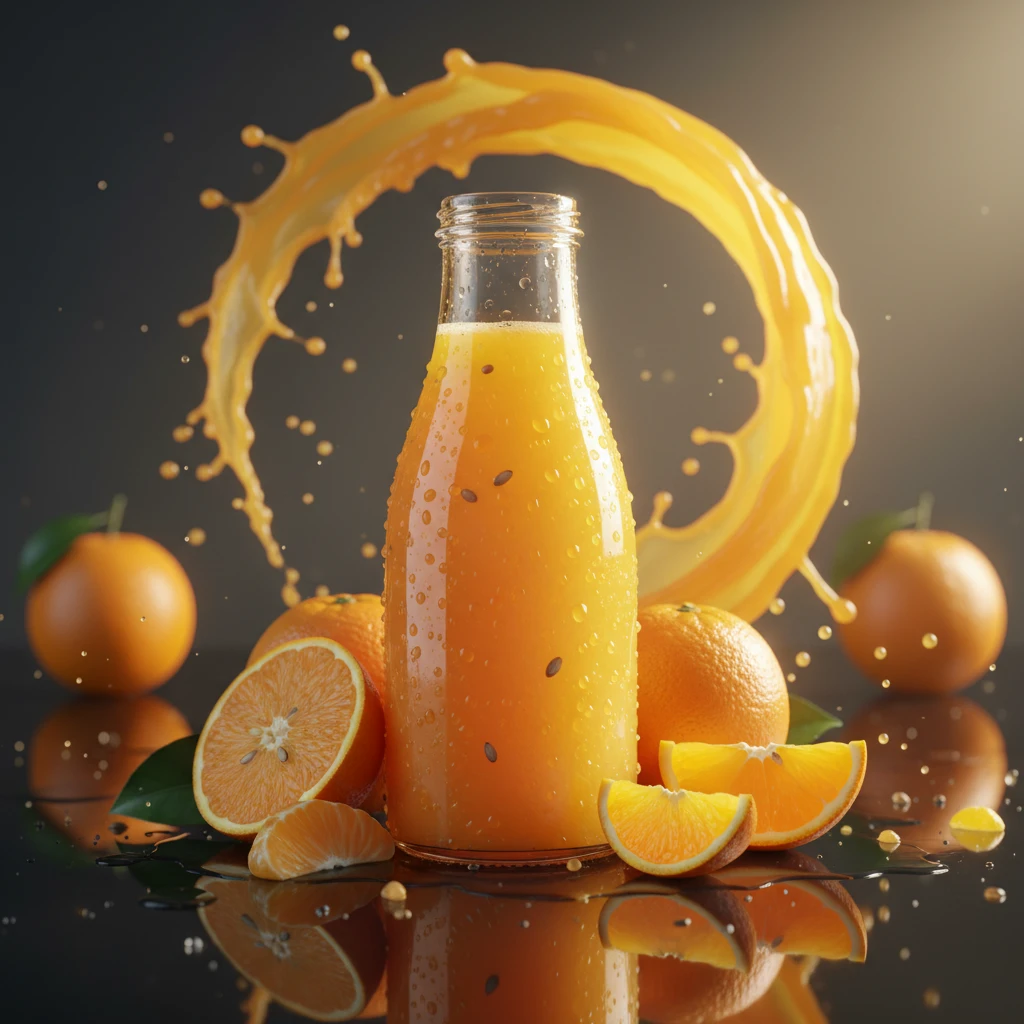 Bottiglia di succo d'arancia premium con arance fresche e schizzi