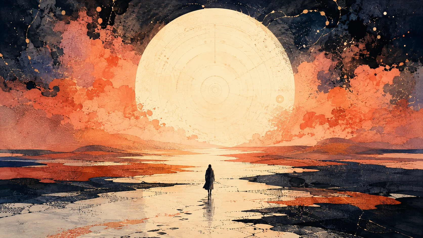 Piccola figura che cammina verso un sole gigantesco in un paesaggio surreale