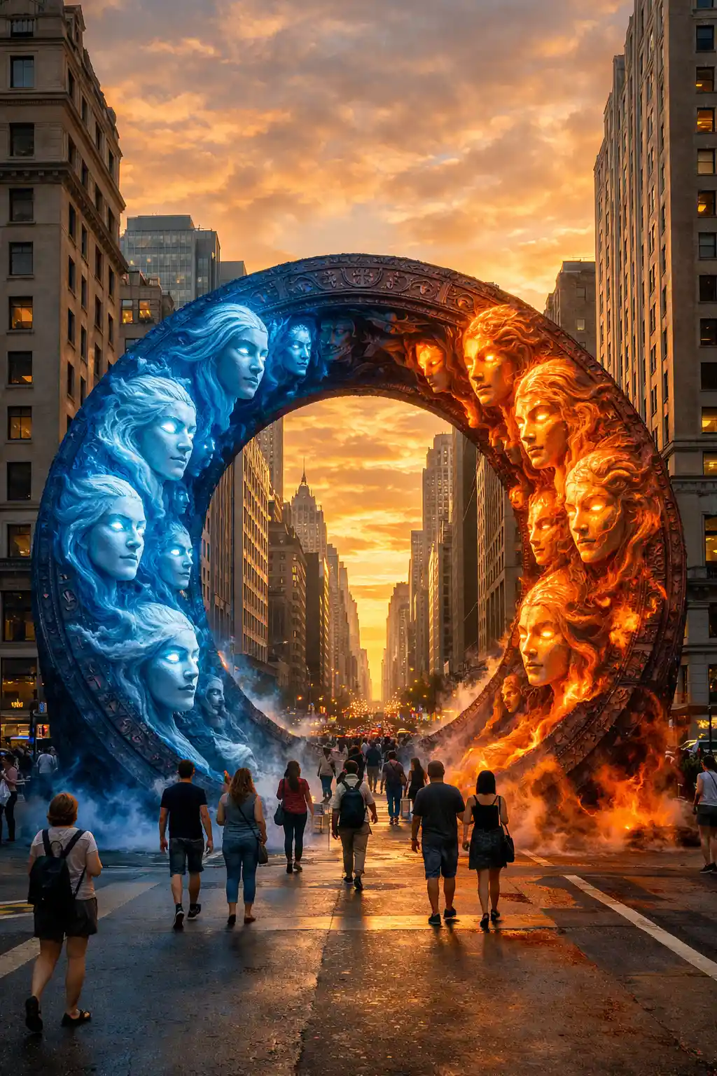 Mystical circular sculpture dominating a glowing city street