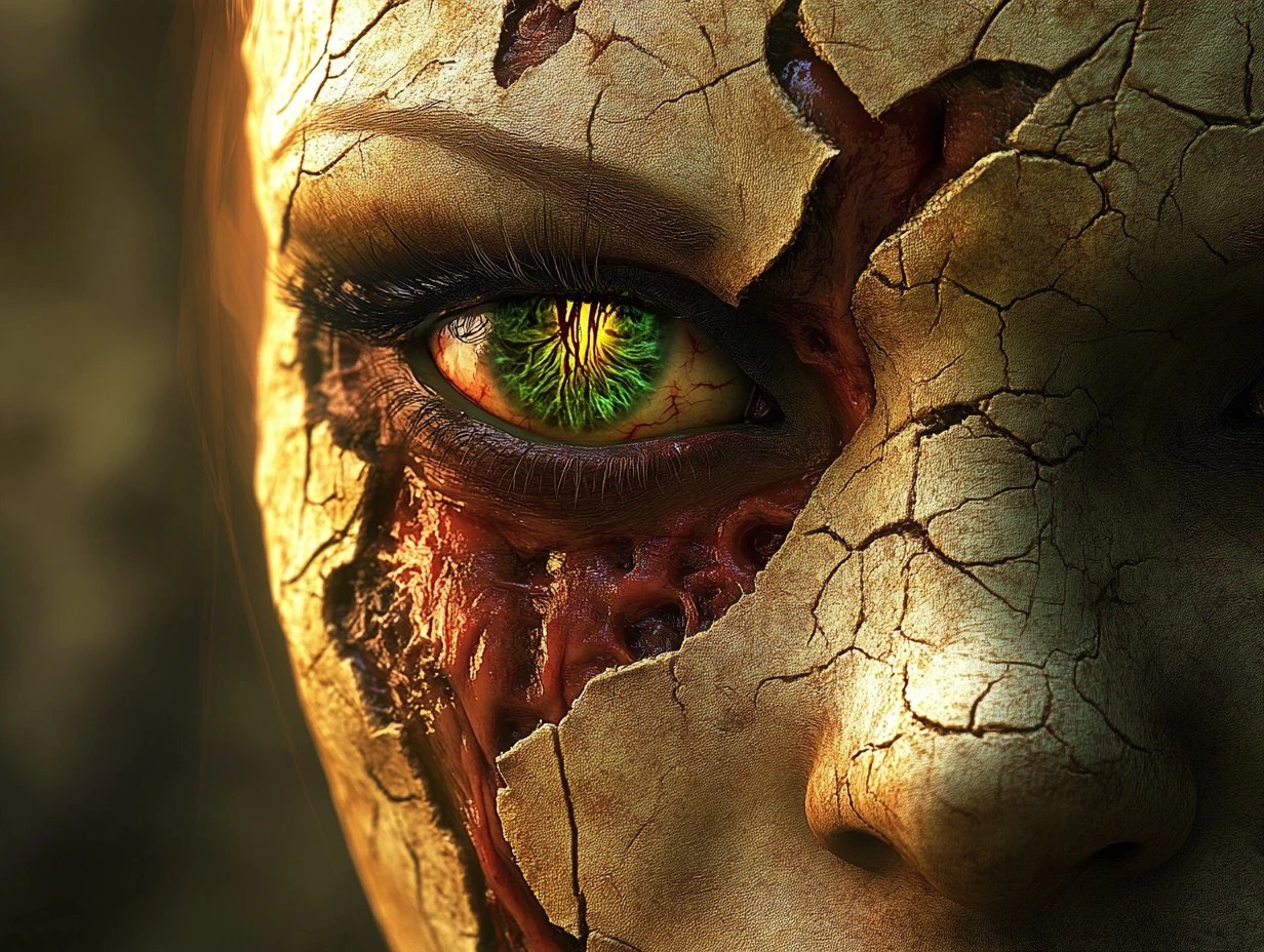 Rosto surreal de mulher demônio com olhos monstruosos desalinhados