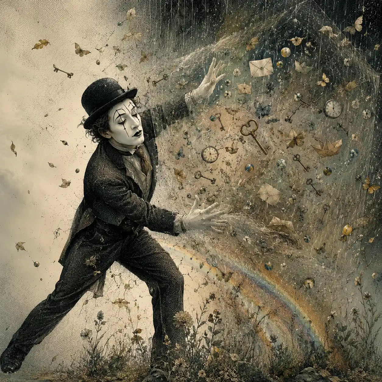 Surreal mime straining to hold an invisible cube