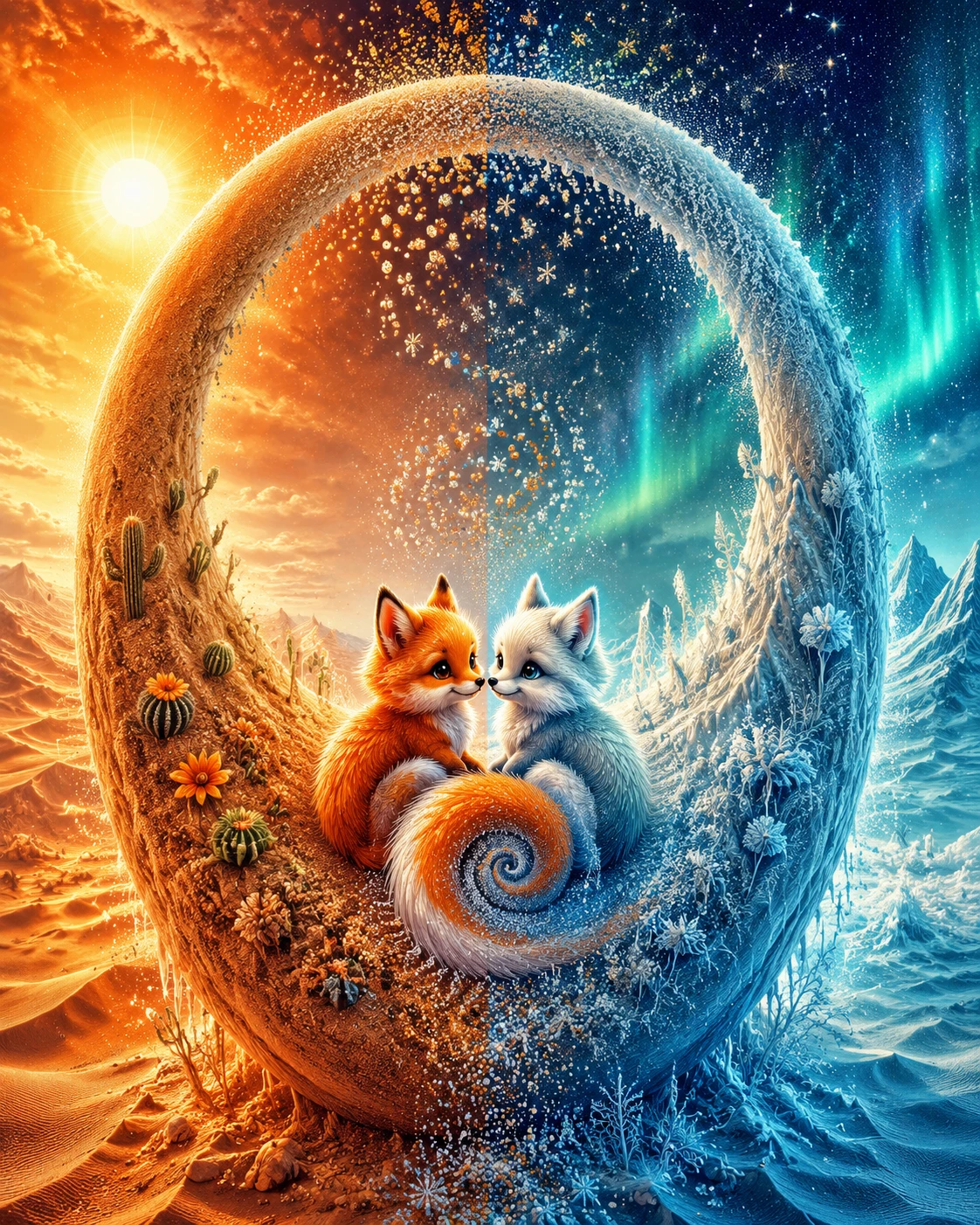Two tiny fox creatures on a surreal crescent landscape