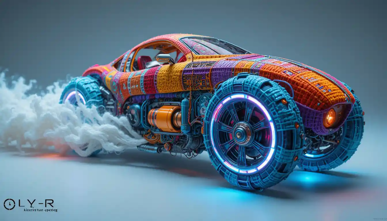 Futuristic yarn motorcycle with glowing neon fiber trails