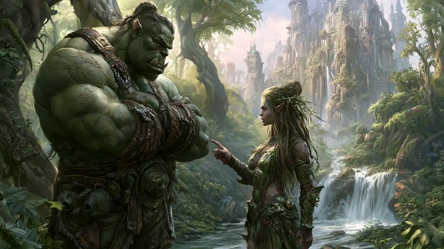 Orc warrior and elf queen confront in an enchanted forest