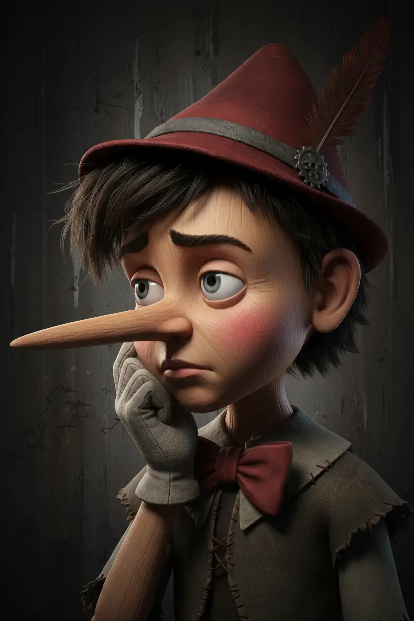 Realistic profile portrait of a wooden nosed boy