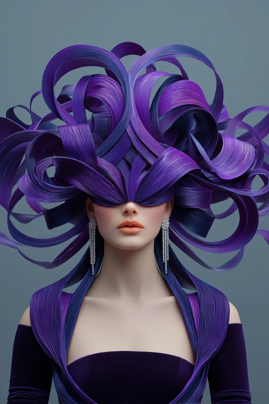 Mulher surreal de cabelo violeta segurando um gato branco