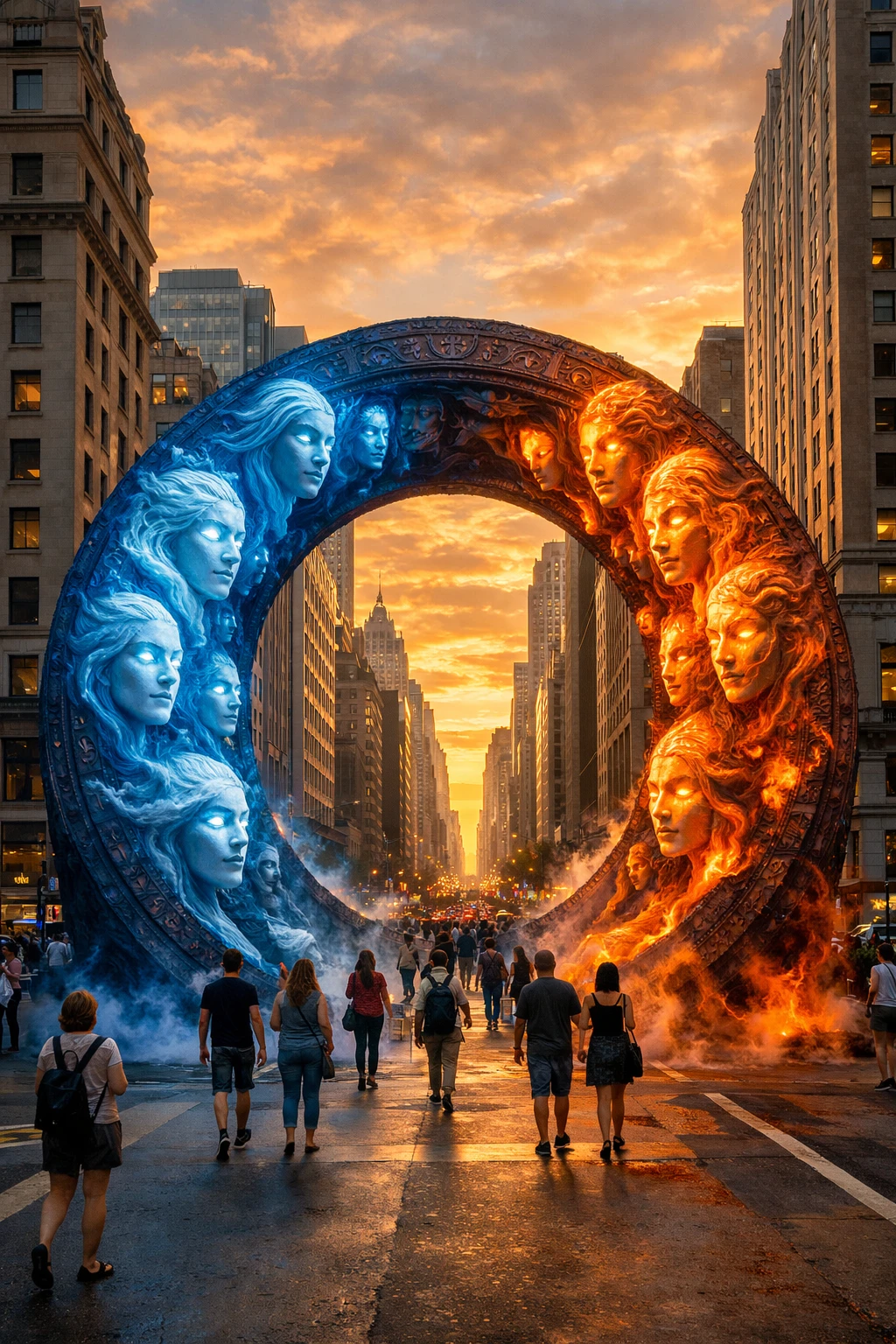 Sculpture circulaire mystique dominant une rue de ville lumineuse