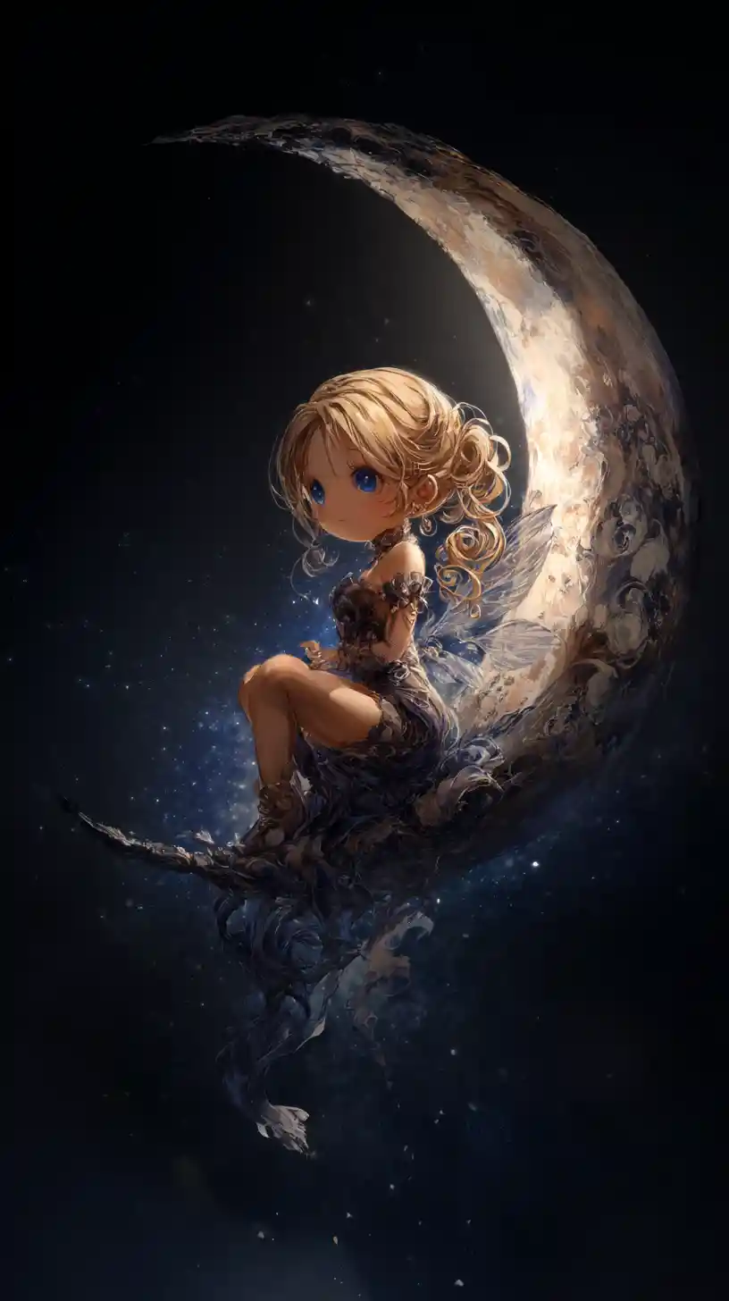 Chibi fairy girl sitting on a crescent moon above earth