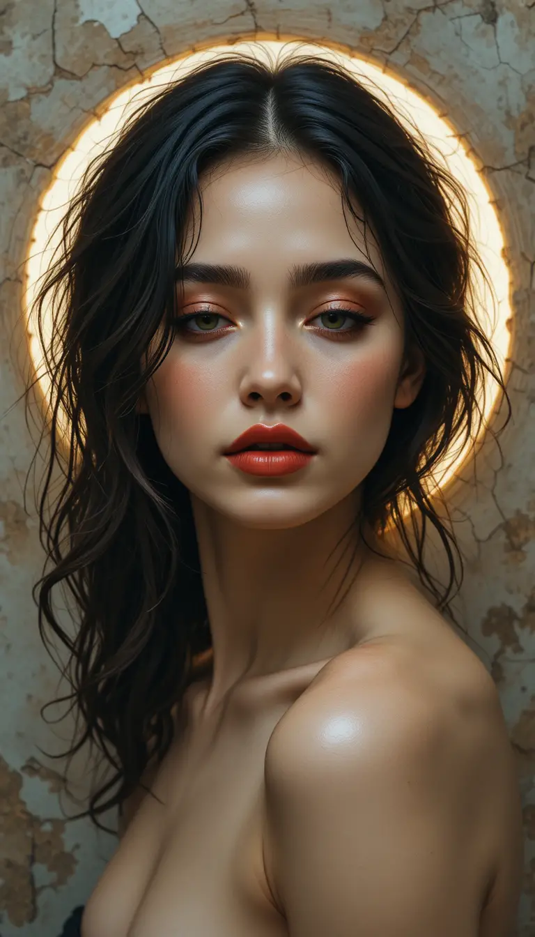 Serene close up portrait of a woman with red lips