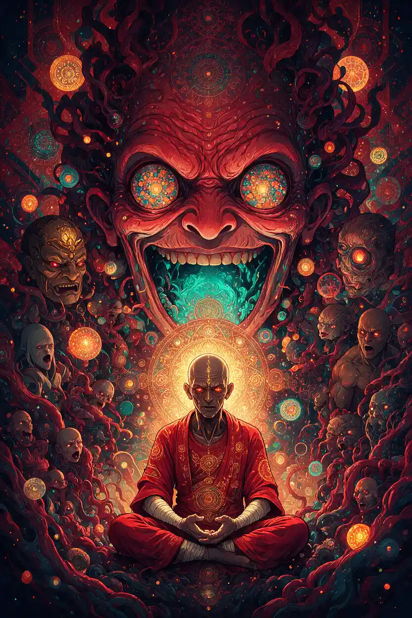 Sinister monk meditating before a glowing mandala halo