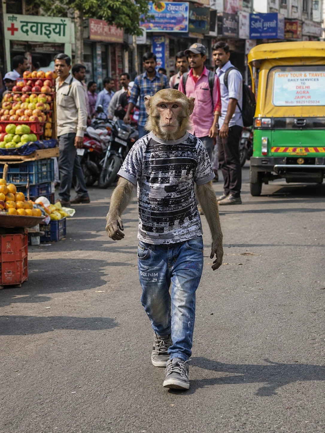 にぎやかなインドの街市場を二足歩行するサル