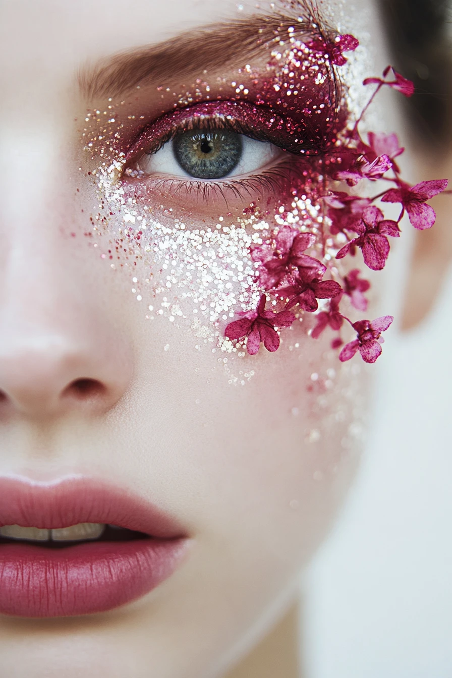 Retrato de beleza fashion em close com maquiagem inspirada em flores