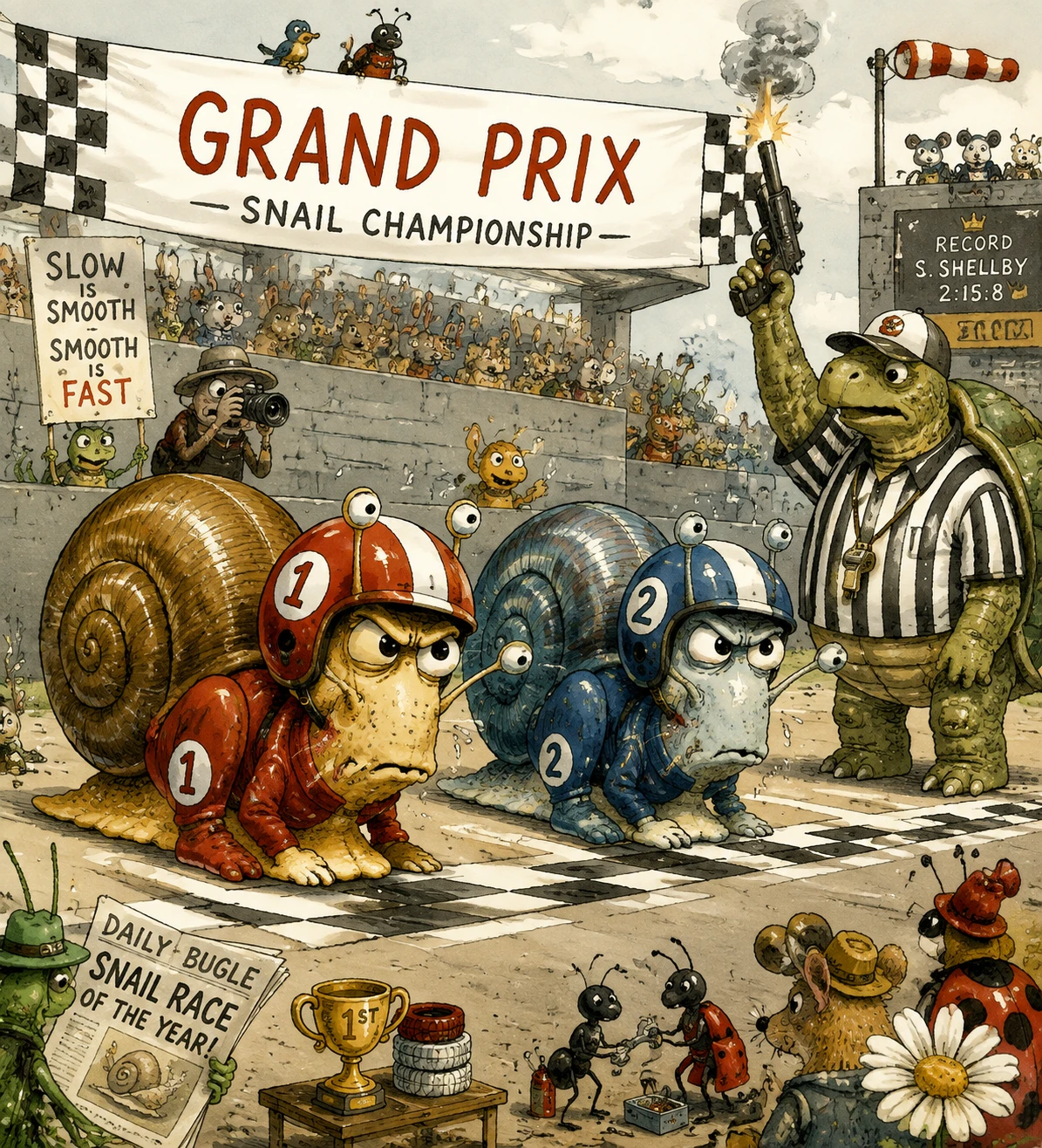 Escargots pilotes au départ tendu d’un grand prix avec tortue arbitre