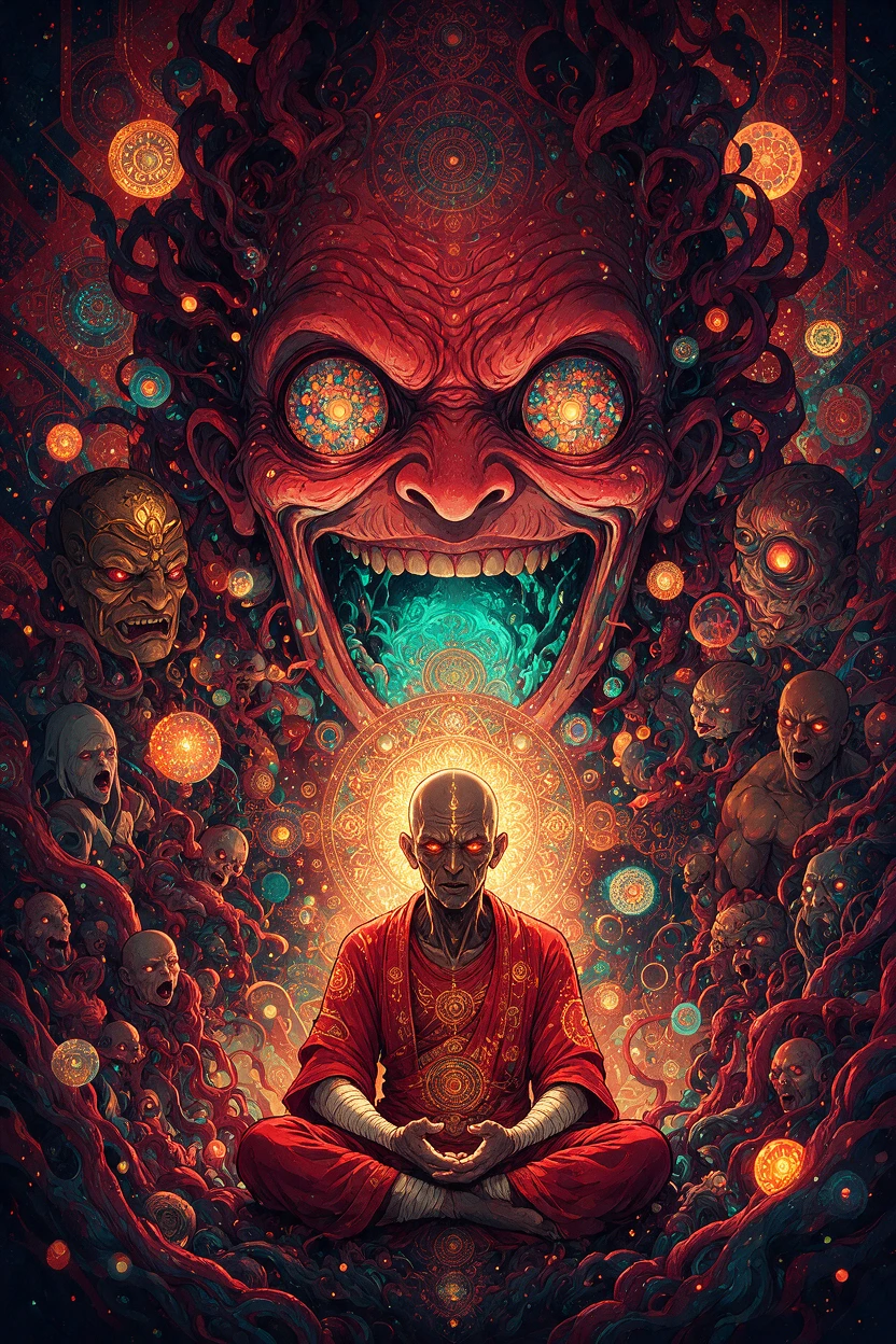 Monge sinistro meditando diante de um halo de mandala brilhante