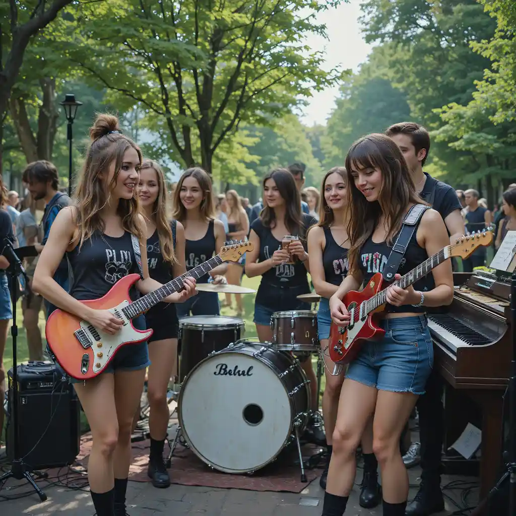 Band grunge femminile che si rilassa con drink in un parco cittadino