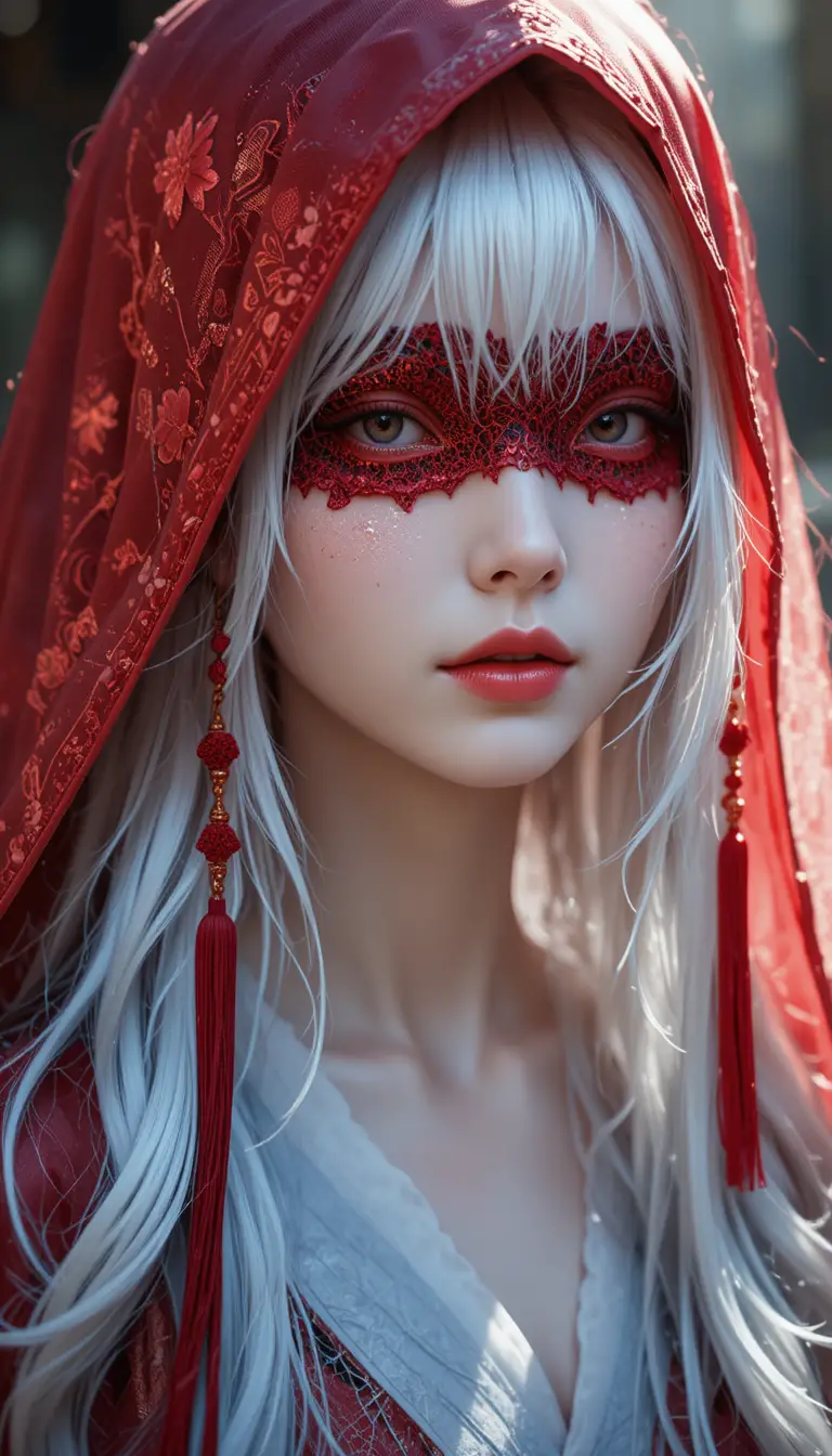 Mystical blindfolded figure with silver hair in red silk cloak