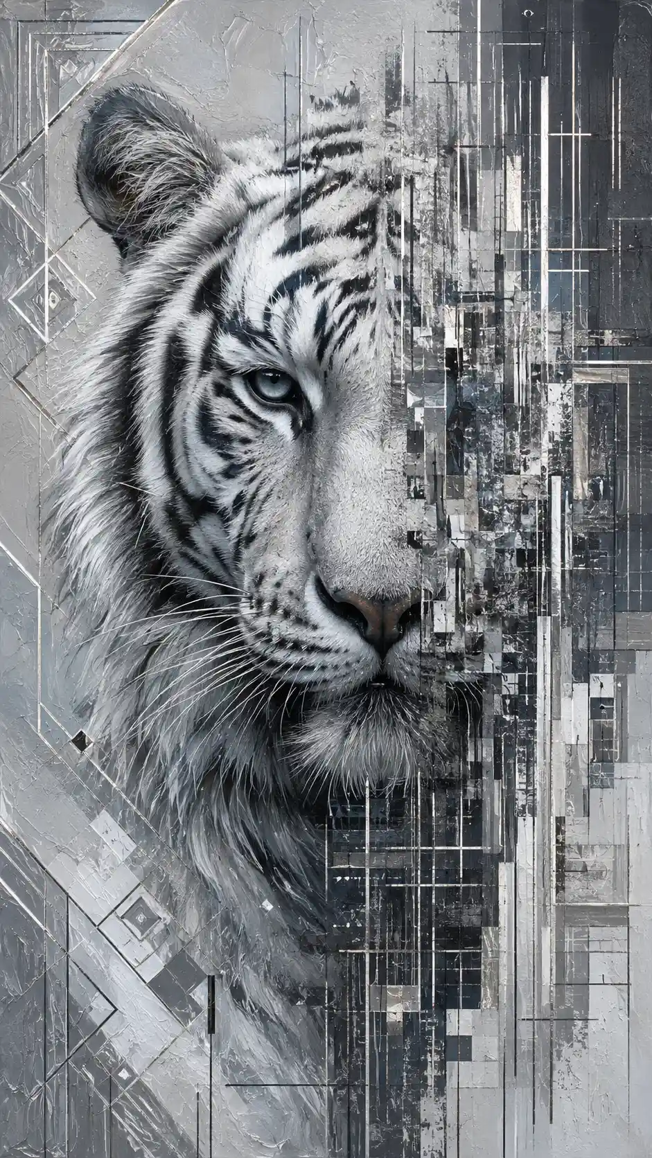 White tiger portrait dissolving into glitch and geometric patterns