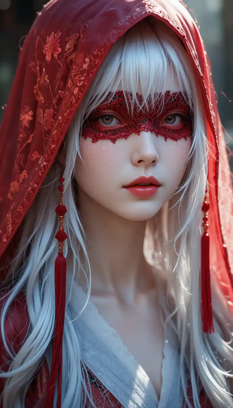 Mystical blindfolded figure with silver hair in red silk cloak