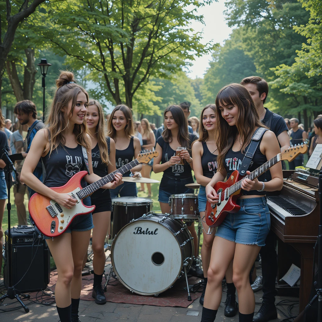 Weibliche Grunge-Band entspannt mit Getränken im Stadtpark