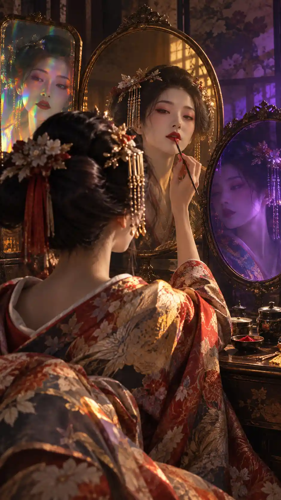 Geisha Applying Makeup Before Antique Mirrors In Dramatic Light