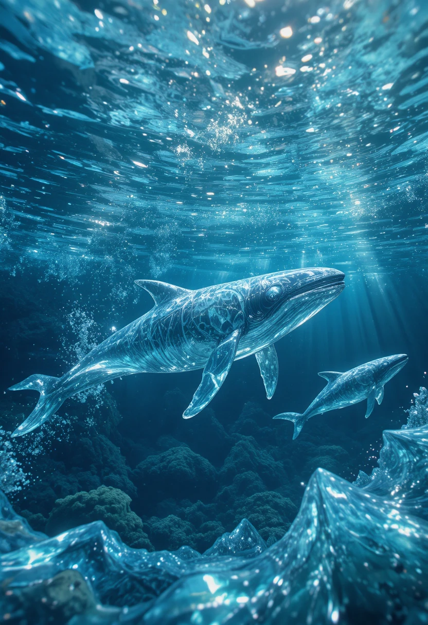 Oceano de cristal com ondas transparentes e baleias gigantes