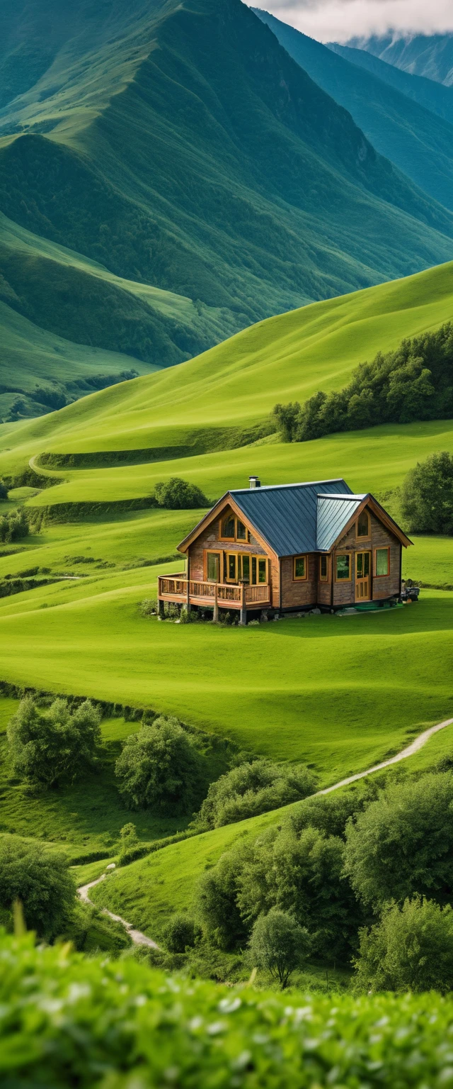Tiny house em um tranquilo vale verde entre montanhas