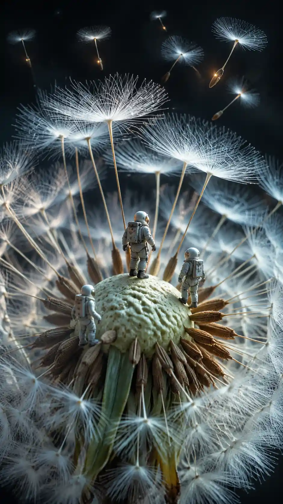 Tiny astronauts exploring a colossal dandelion seed world
