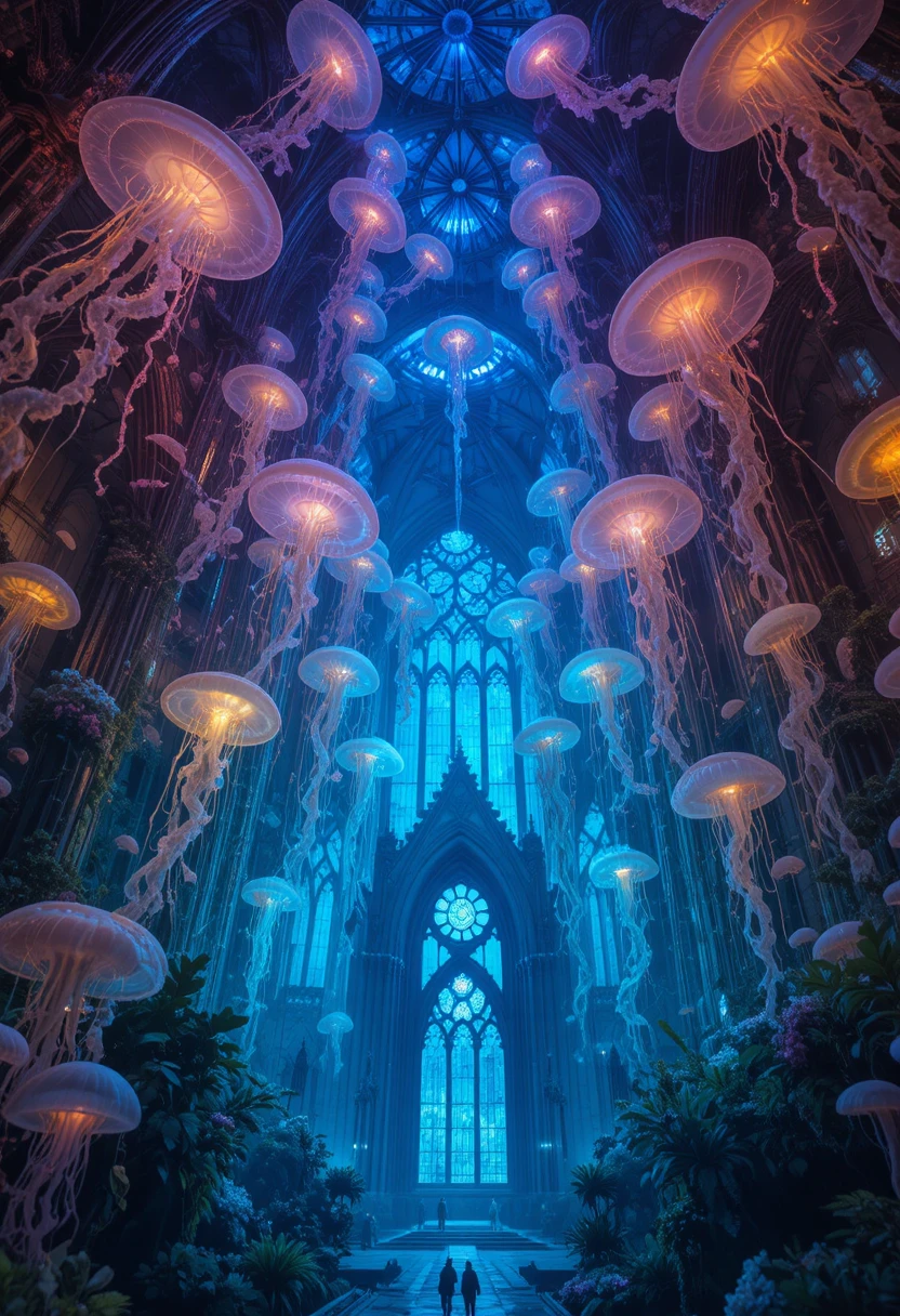 Catedral gótica de águas-vivas brilhando em um reino subaquático