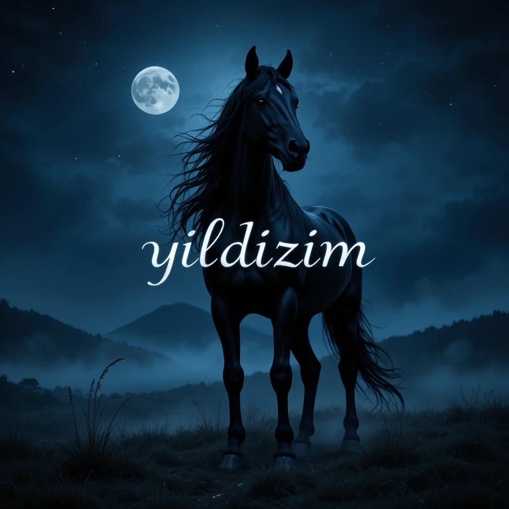 Majestic black Friesian horse under a quiet moonlit sky
