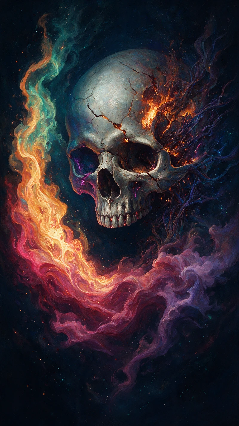 在旋轉宇宙虛空中燃燒的巨大神秘裂痕骷髏