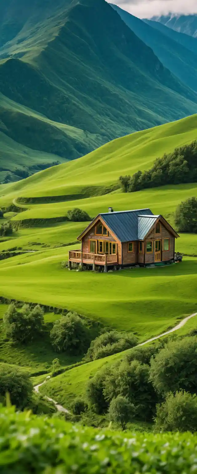 Tiny house in a calm green mountain valley landscape