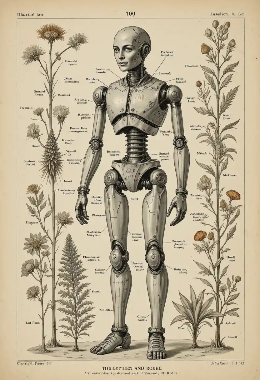 Humanoid robot drawn as a vintage botanical study plate