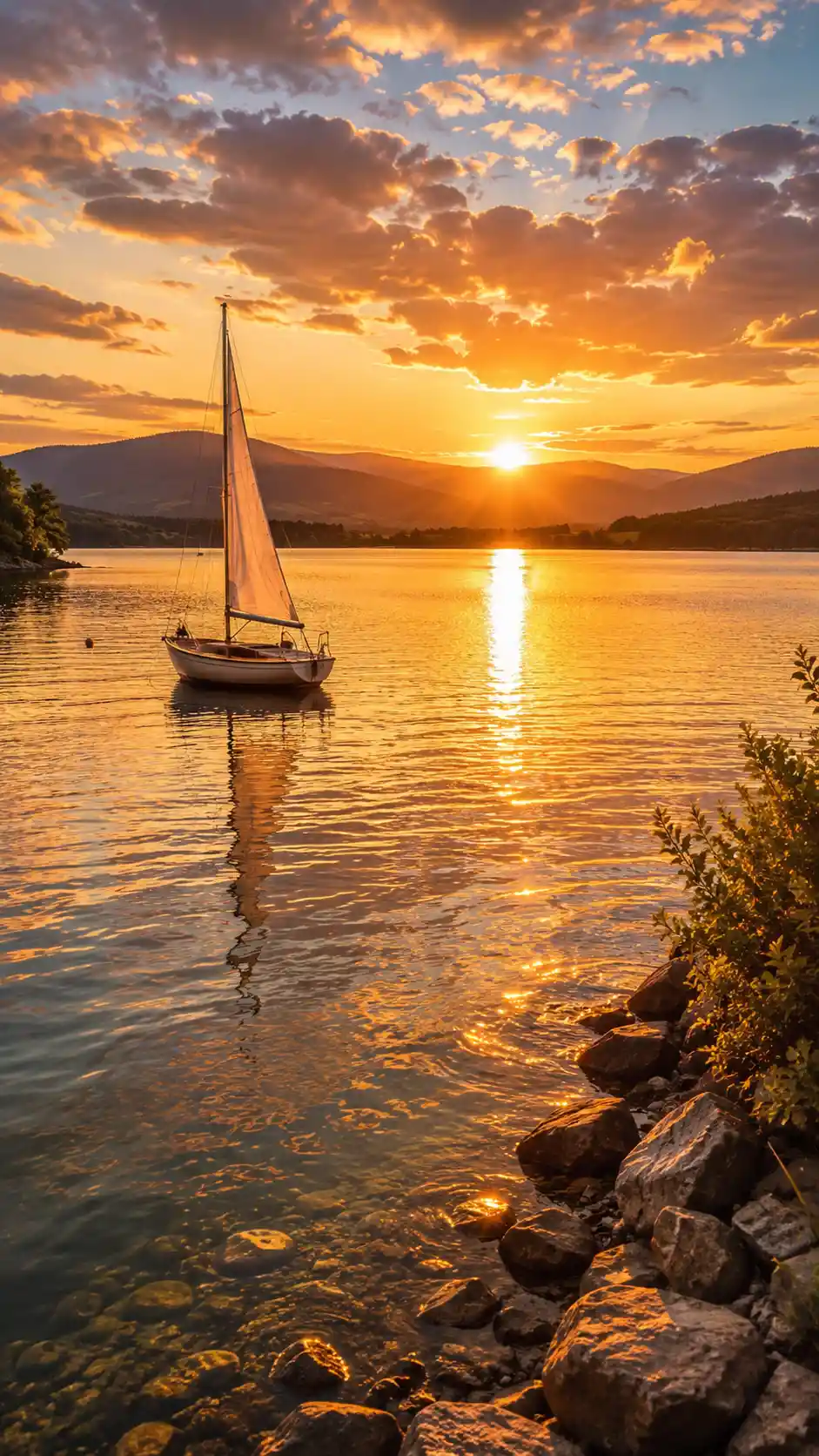 Golden hour sailboat drifting on a calm reflective lake