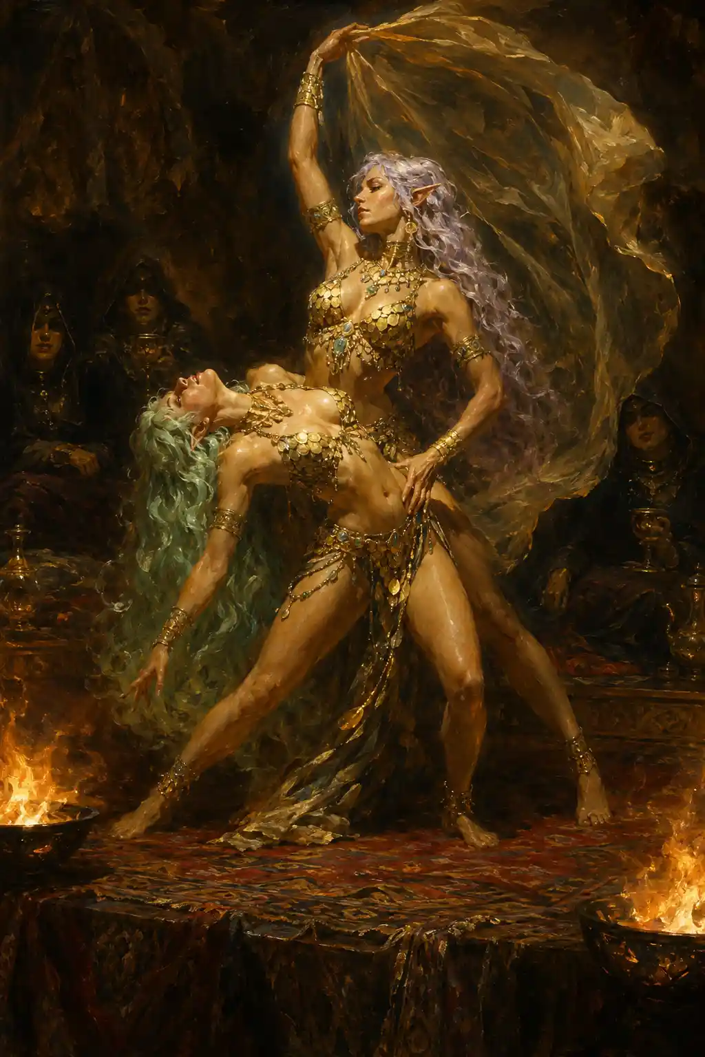Elven dancers performing on a firelit tavern stage
