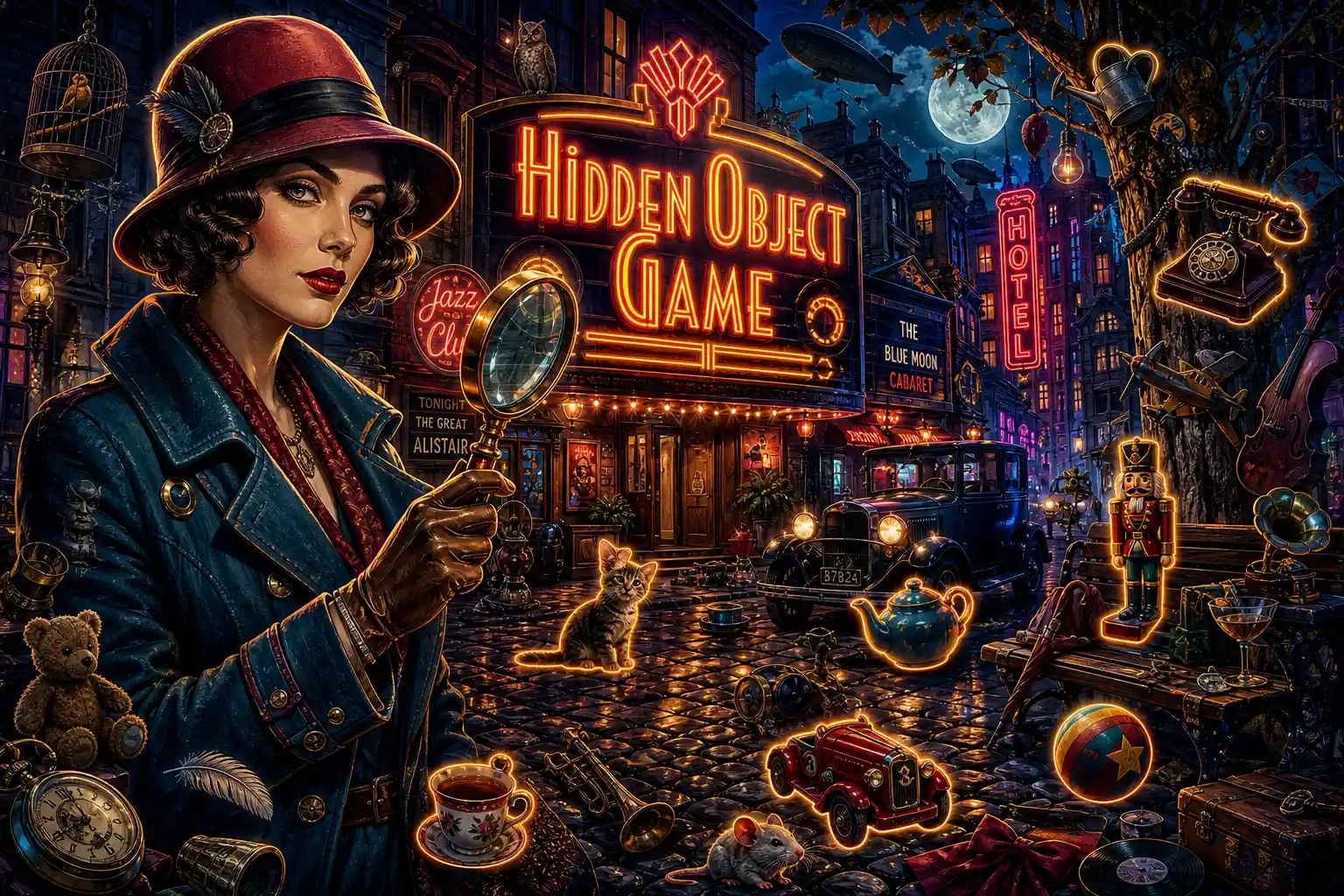 Vintage woman detective on neon lit fantasy city street