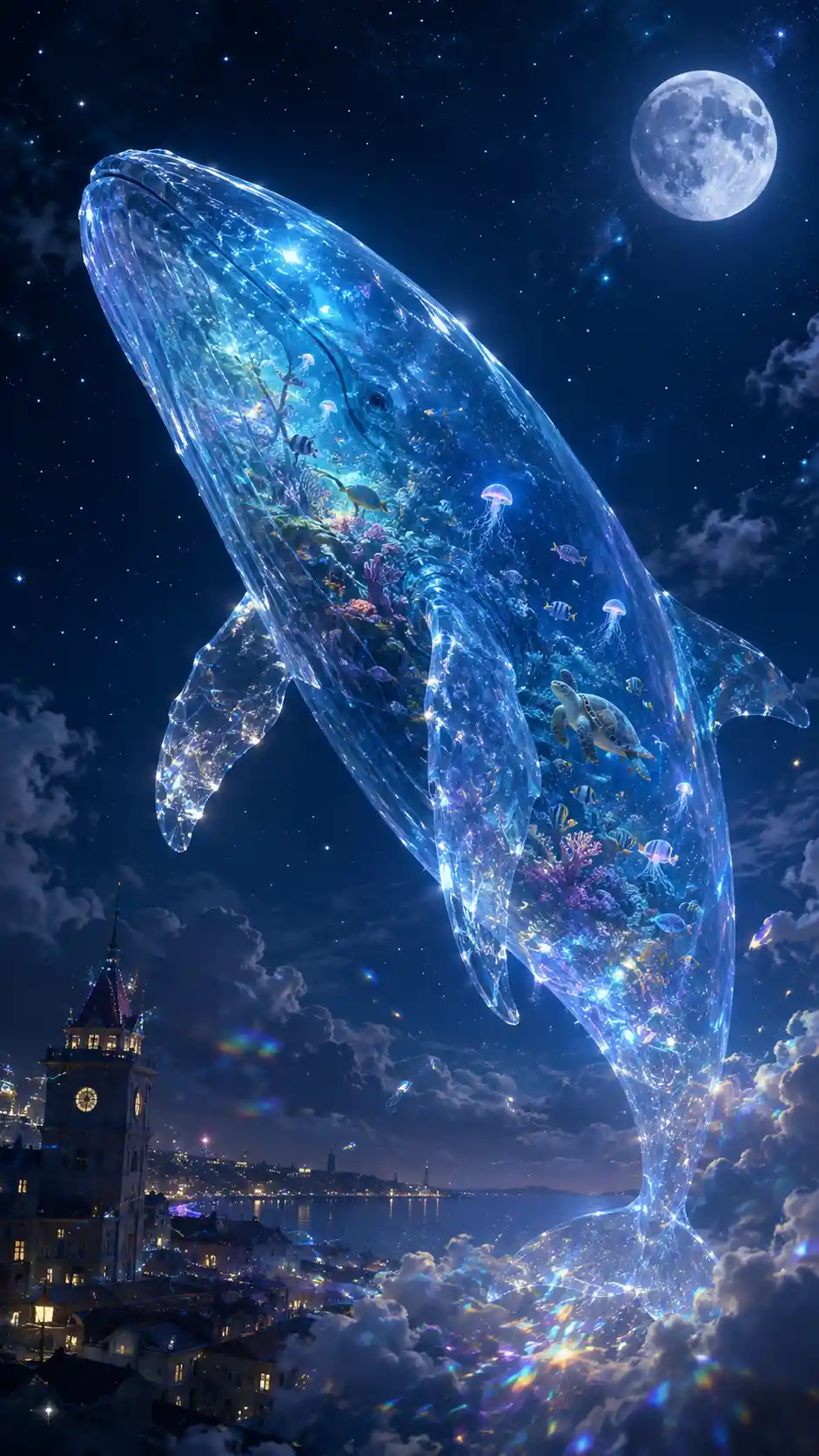 Crystal whale floating in a moonlit fantasy night sky