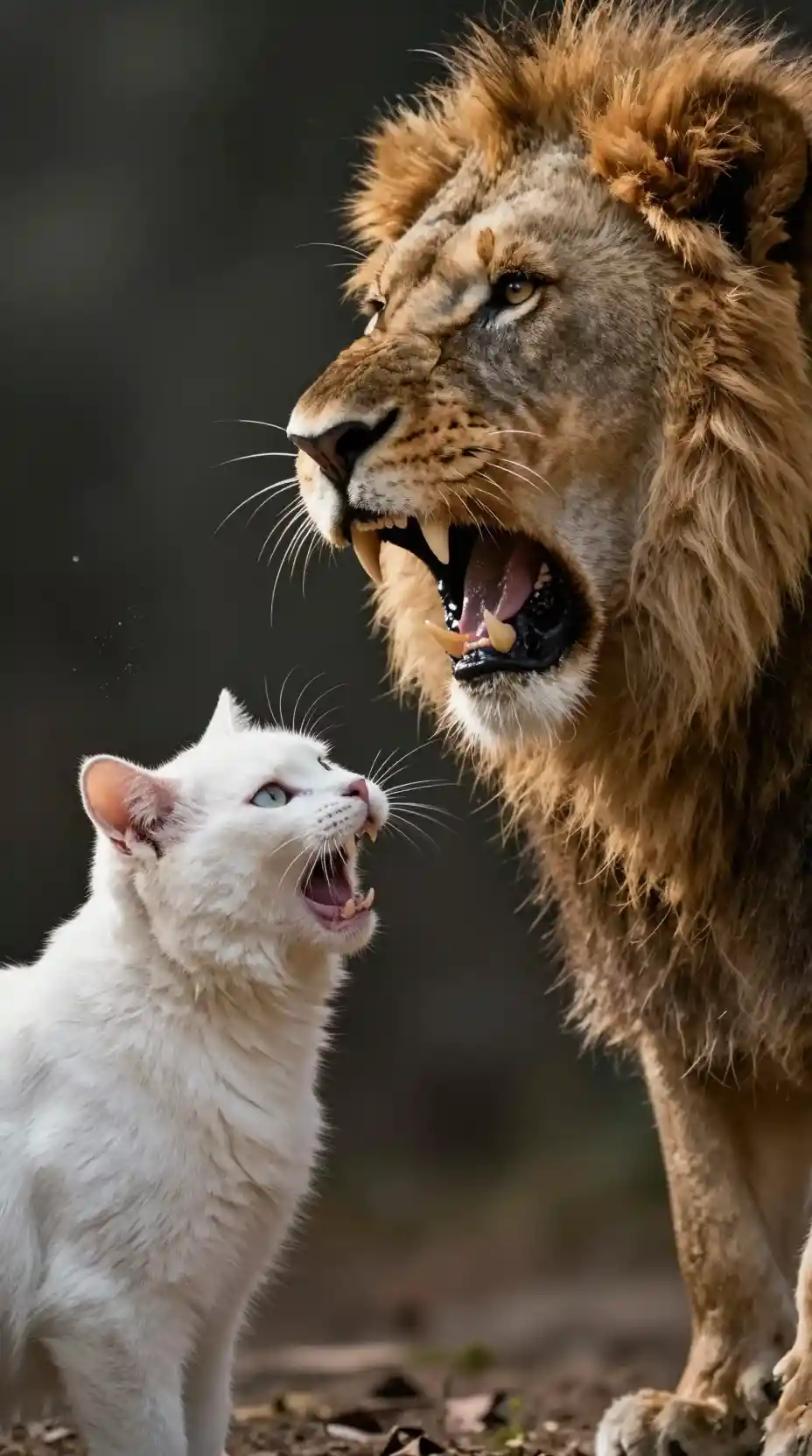 Angry white cat hissing up at roaring lion
