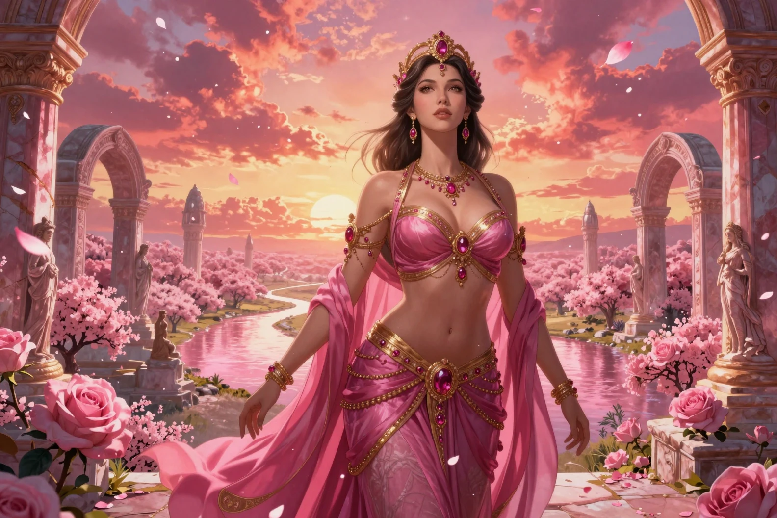 Majestuosa reina de fantasía sobre antiguas ruinas de mármol rosa